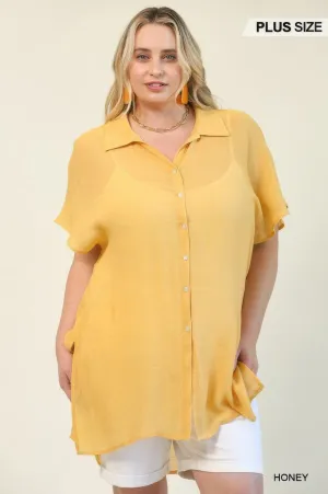 Solid Button Down Loose Fit Long Shirts With Side Slits