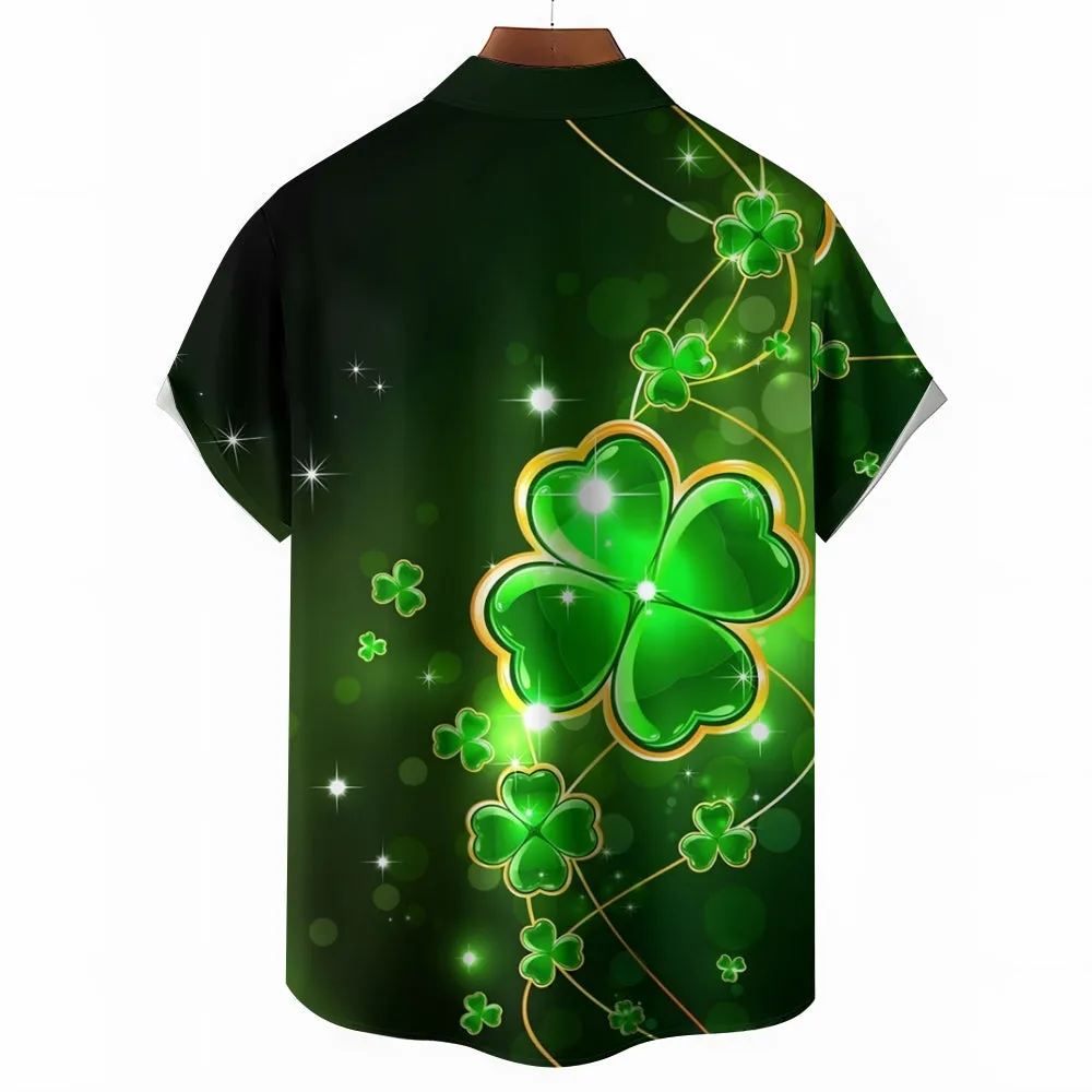 St. Patrick's Day Four Leaf Clover Casual Short Sleeve Shirt 2412003431