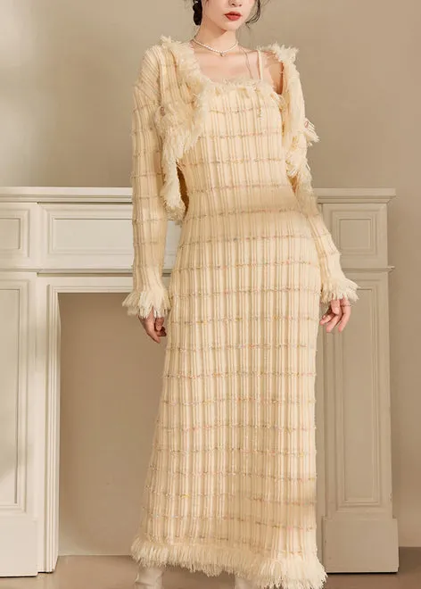 Stylish Beige Tassel Coat And Dress Knit Two Pieces Set Winter