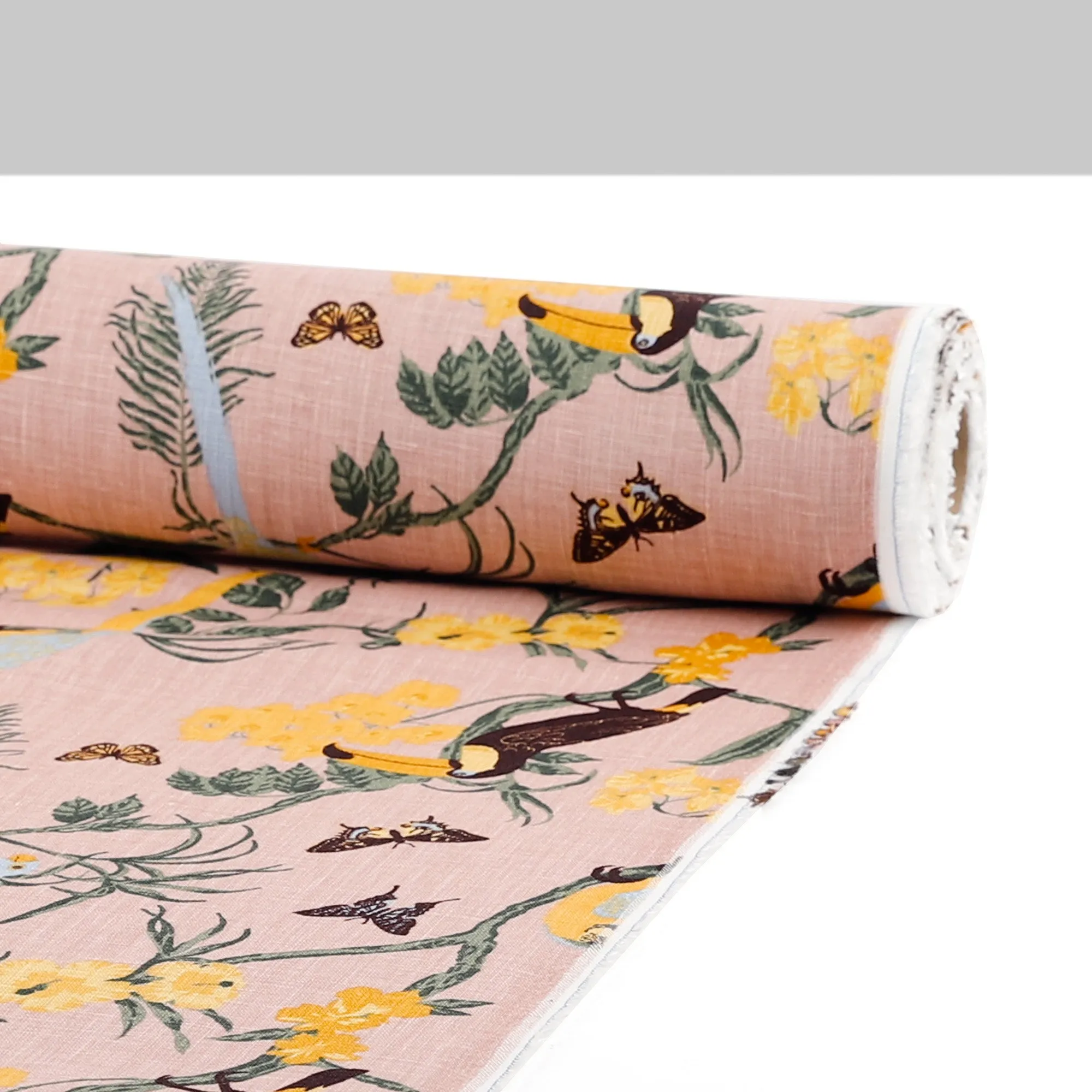 Tropical Birds   Butterflies Linen - Pink Mix