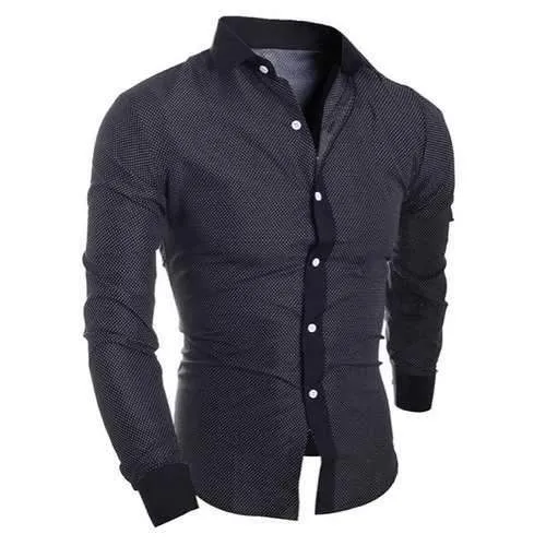 Turn-Down Collar Long Sleeve Splicing Design Polka Dot Shirt For Men - Black L