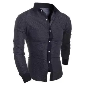 Turn-Down Collar Long Sleeve Splicing Design Polka Dot Shirt For Men - Black L