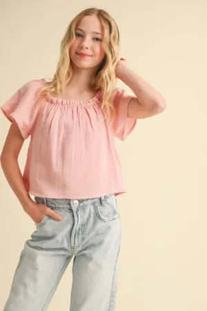 Tween Spring Pink Peasant Top