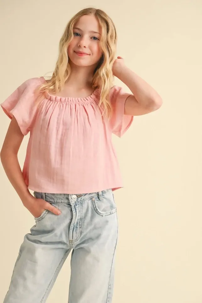 Tween Spring Pink Peasant Top