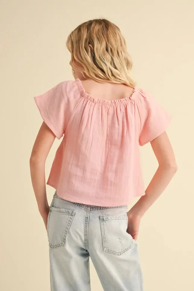 Tween Spring Pink Peasant Top