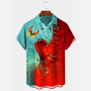Valentine's Day Heart Print Men's Pocket Hawaiian Shirt