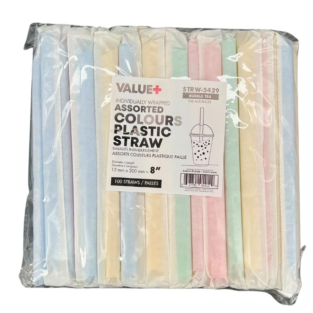Value  - 8" - Case of 1000 Assorted Colours Plastic Straws- Bubble Tea- Sharp End - Paper Wrapped - 12 mm