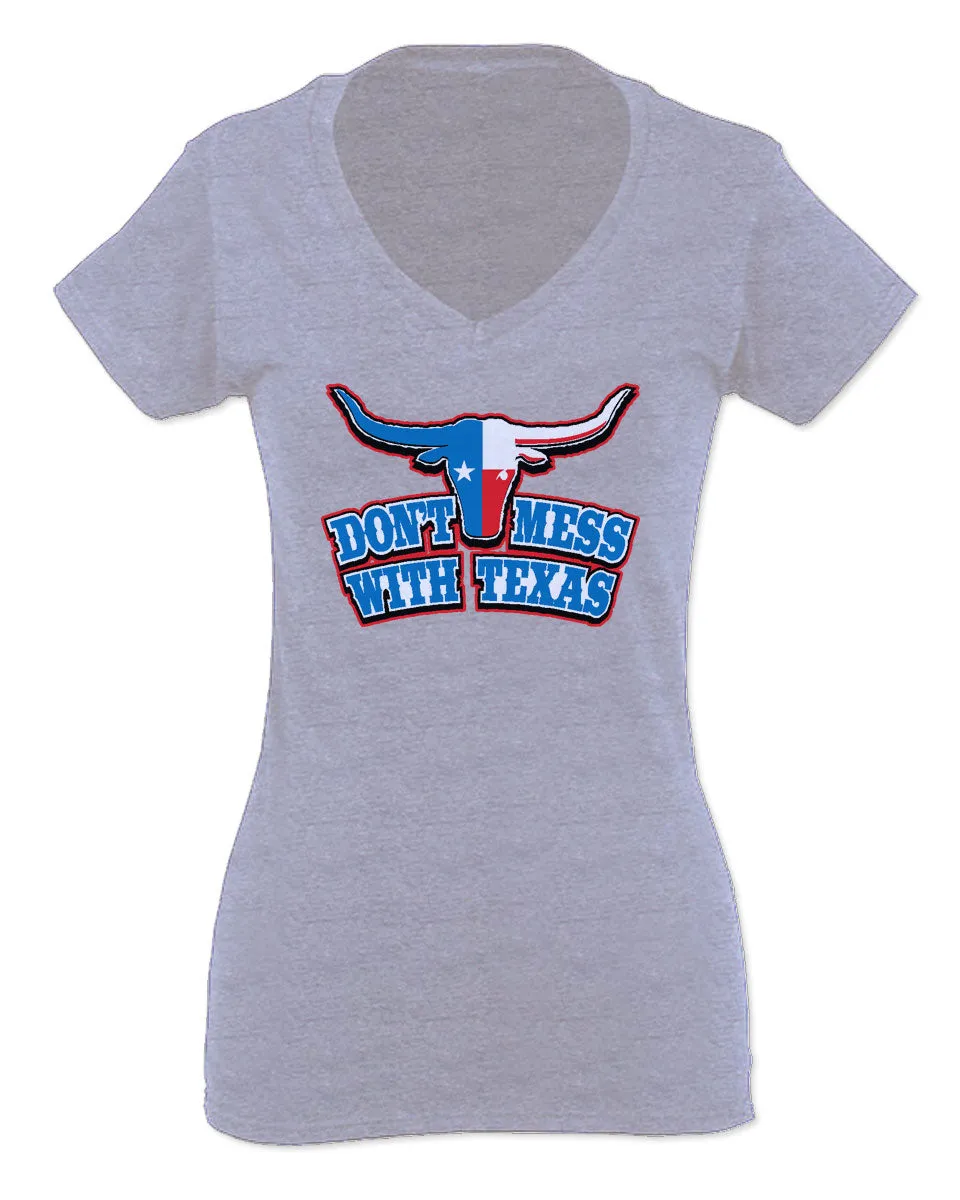 VICES AND VIRTUESS Texas State Flag Don't Mess with Texas Bull Lone Star For Women V neck fitted T Shirt