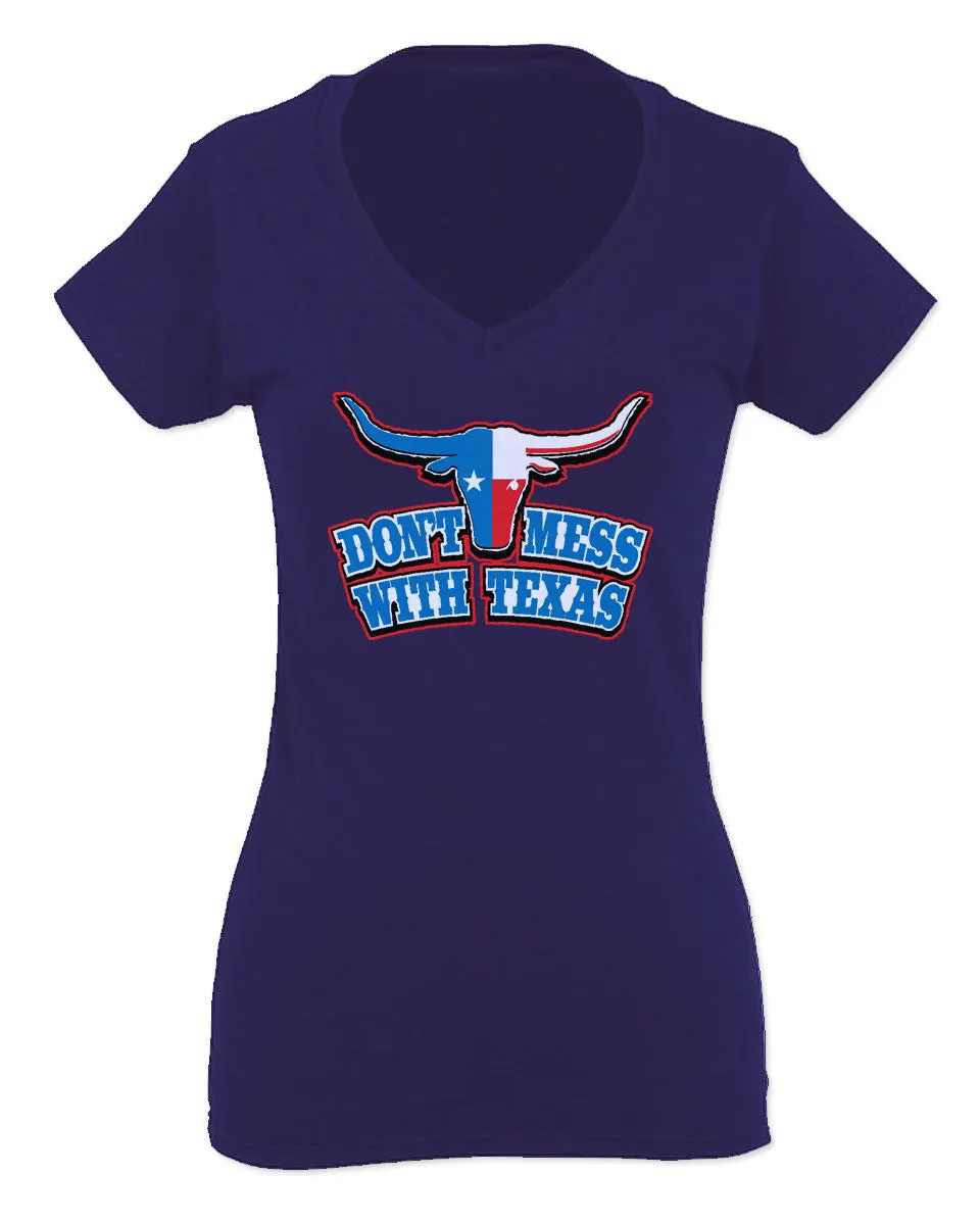 VICES AND VIRTUESS Texas State Flag Don't Mess with Texas Bull Lone Star For Women V neck fitted T Shirt