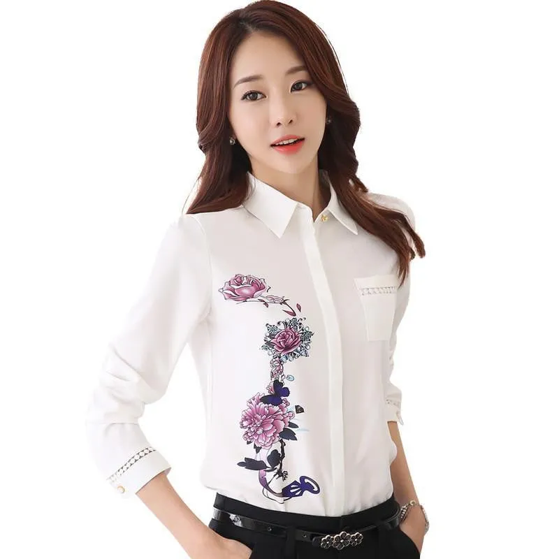 Vintage Office Lady Shirts Flower Pattern Fashion Women Blouse Size S-3XL Turn Down Collar Sweet Lady White Shirts