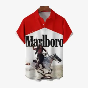 Vintage White And Red Stitching Western Cowboy And White Horse Printing Shirt 2501001362