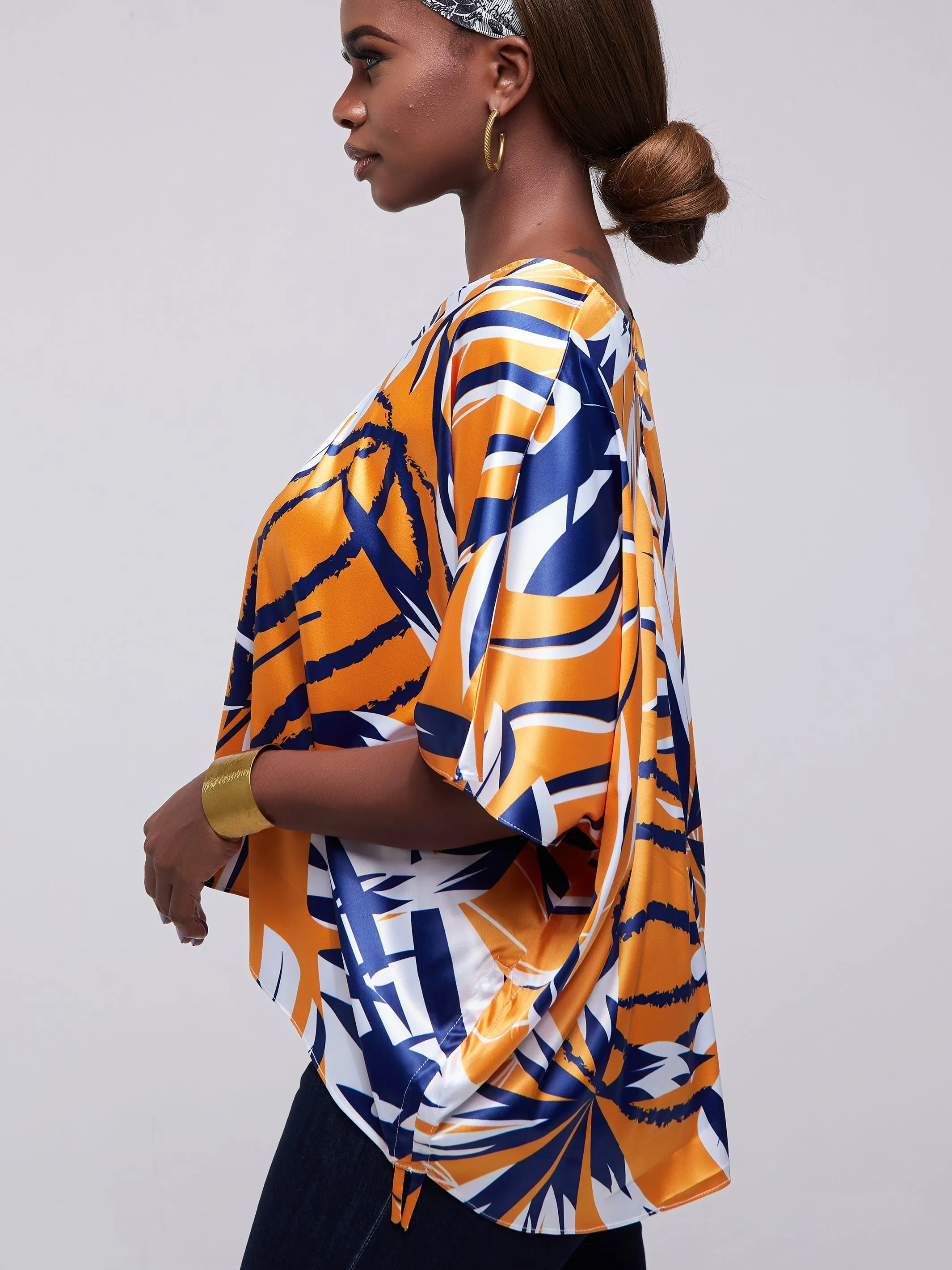 Vivo Lani Satin Scarf With Side Drawstring - Blue / Mustard Print