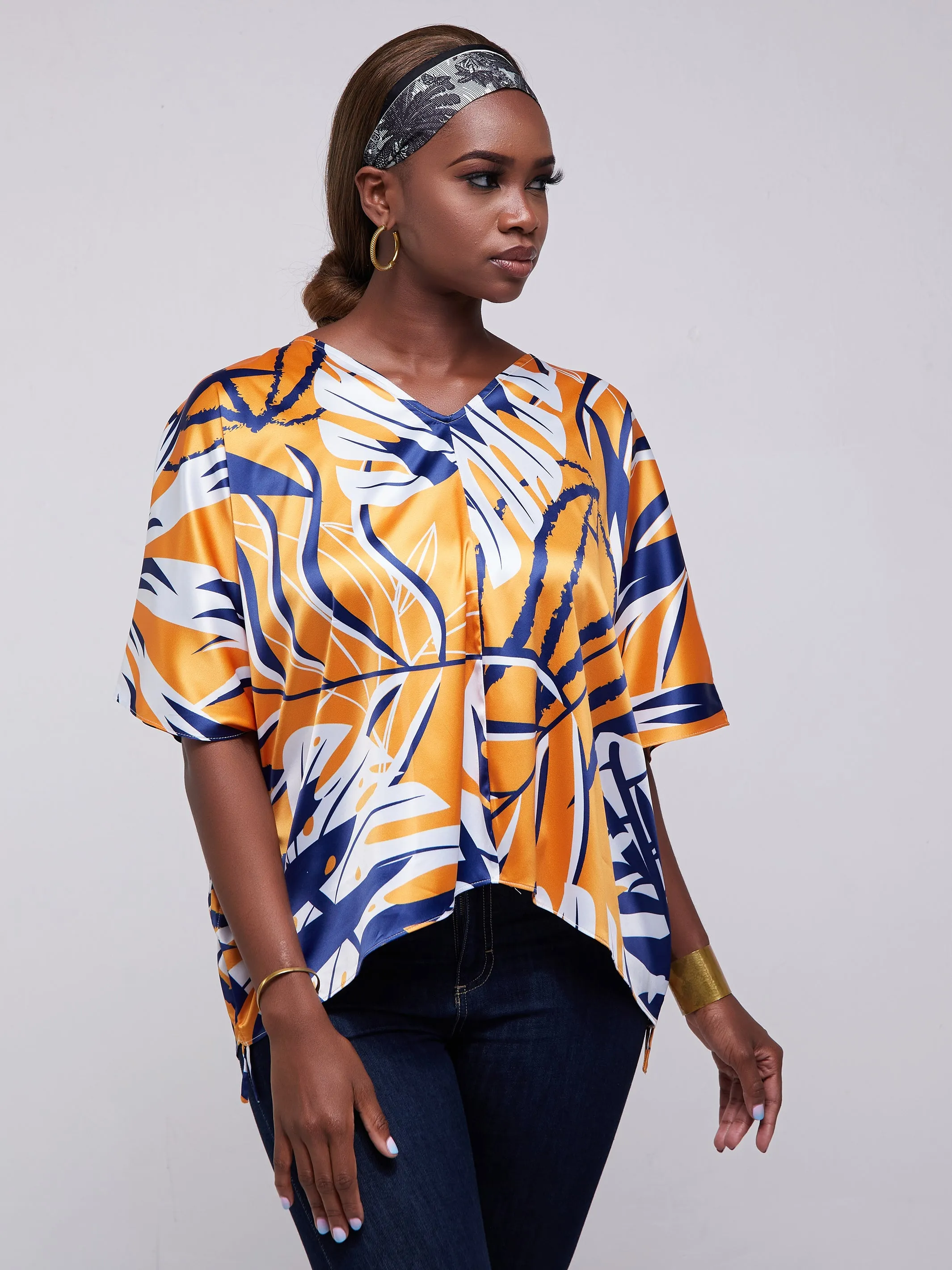 Vivo Lani Satin Scarf With Side Drawstring - Blue / Mustard Print