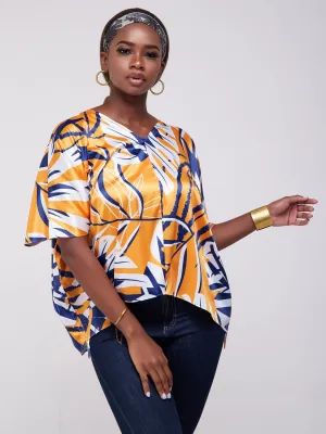 Vivo Lani Satin Scarf With Side Drawstring - Blue / Mustard Print