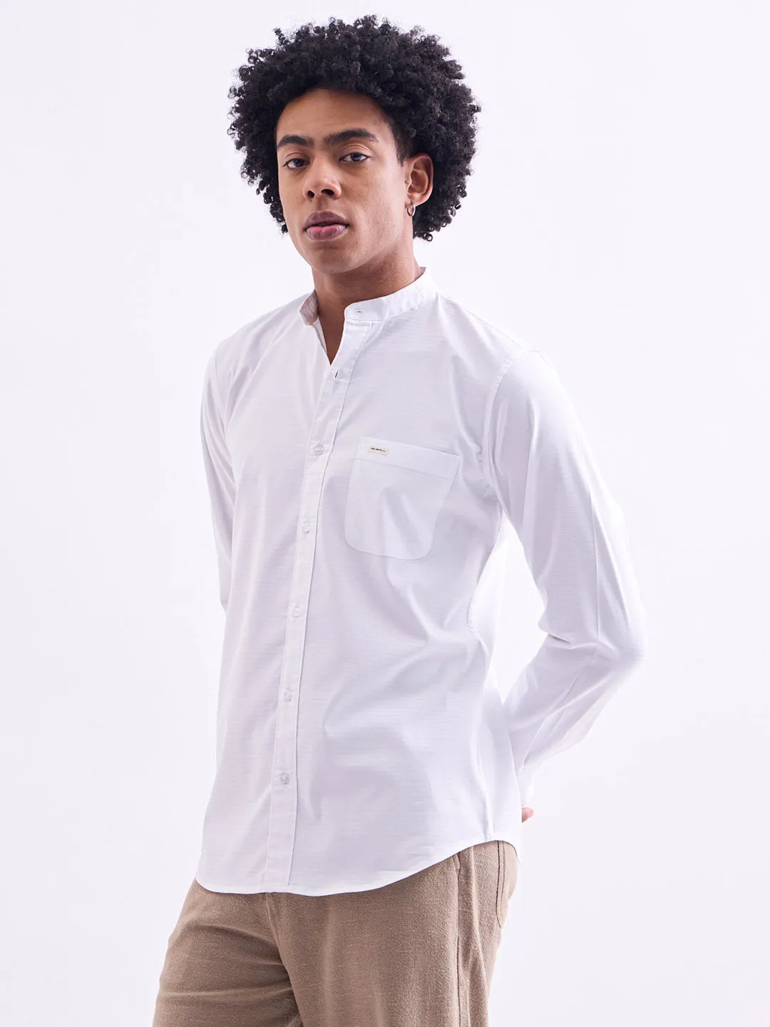 White Chinese Collar Slim Fit Shirt