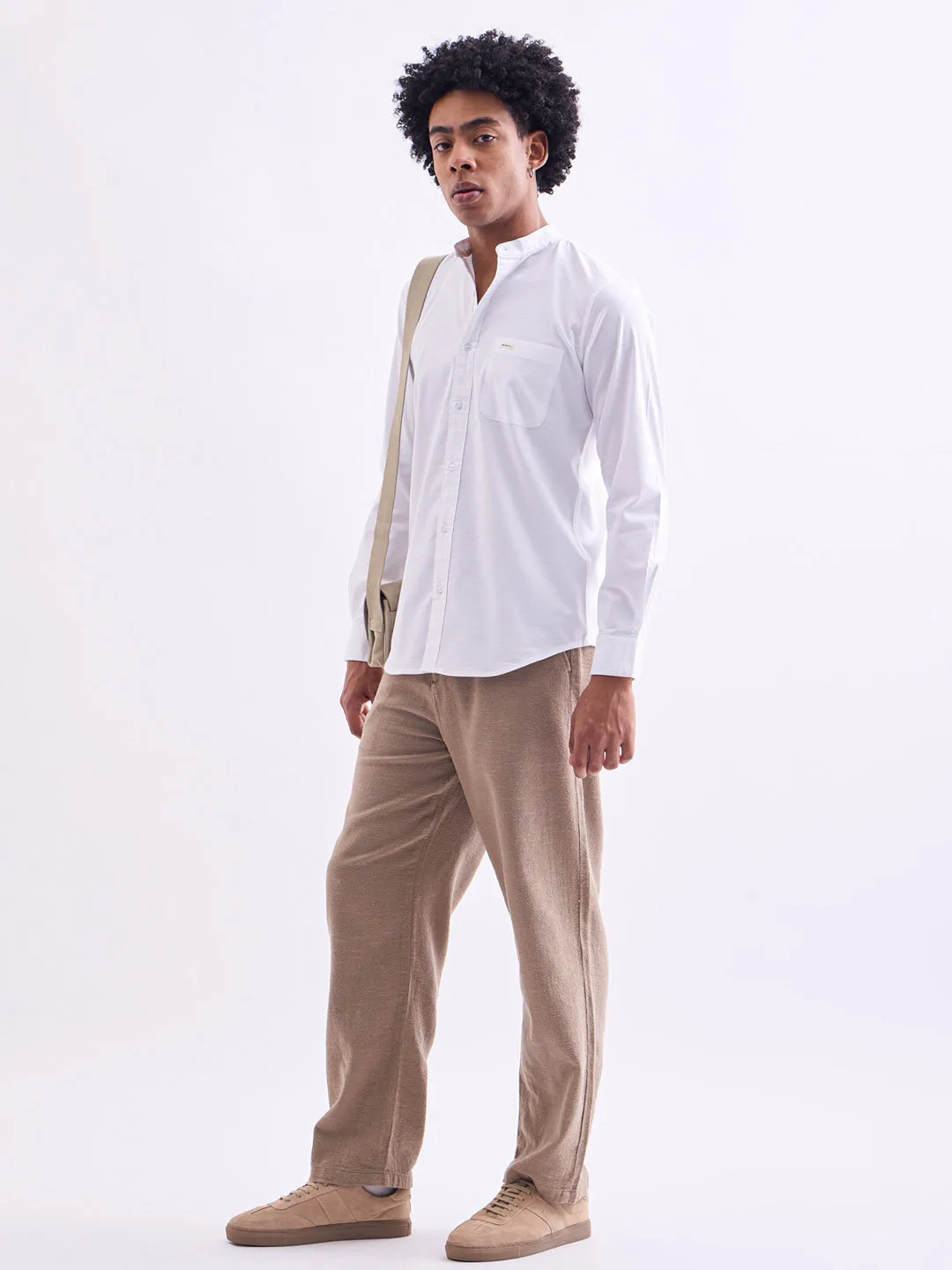 White Chinese Collar Slim Fit Shirt