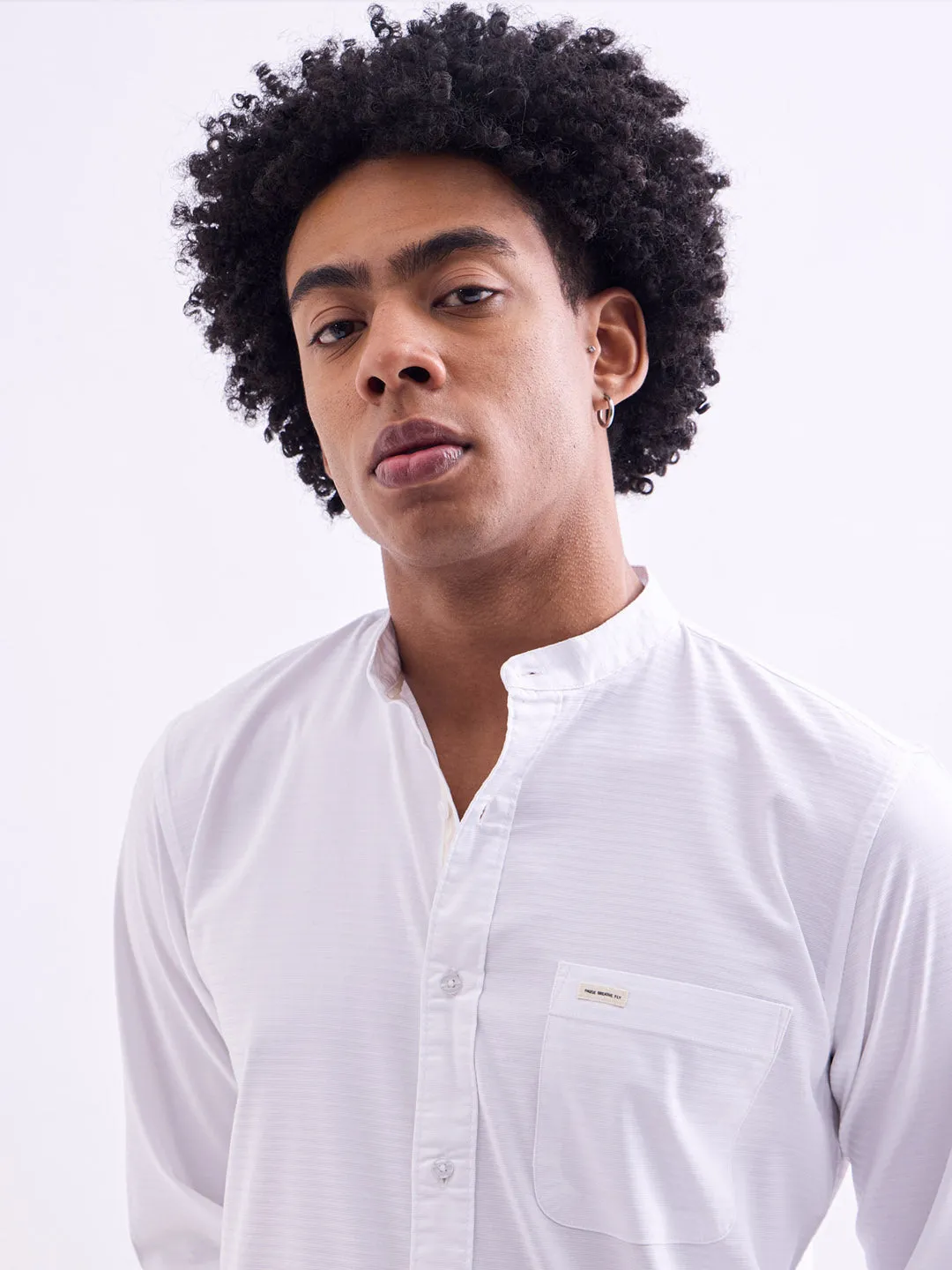White Chinese Collar Slim Fit Shirt