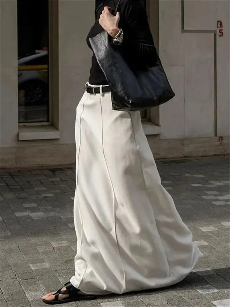 White High Waist Patchwork Long Skirt For Women Loose Casual Pocket Elegant Solid Fashion Summer Female Maxi Skirt