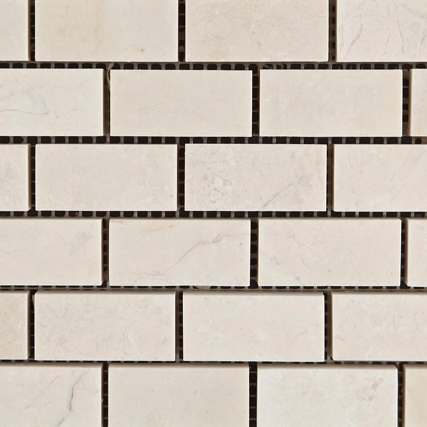 White Pearl / Botticino Marble 1 X 2 Polished Brick Mosaic Tile - Box of 5 Sheets