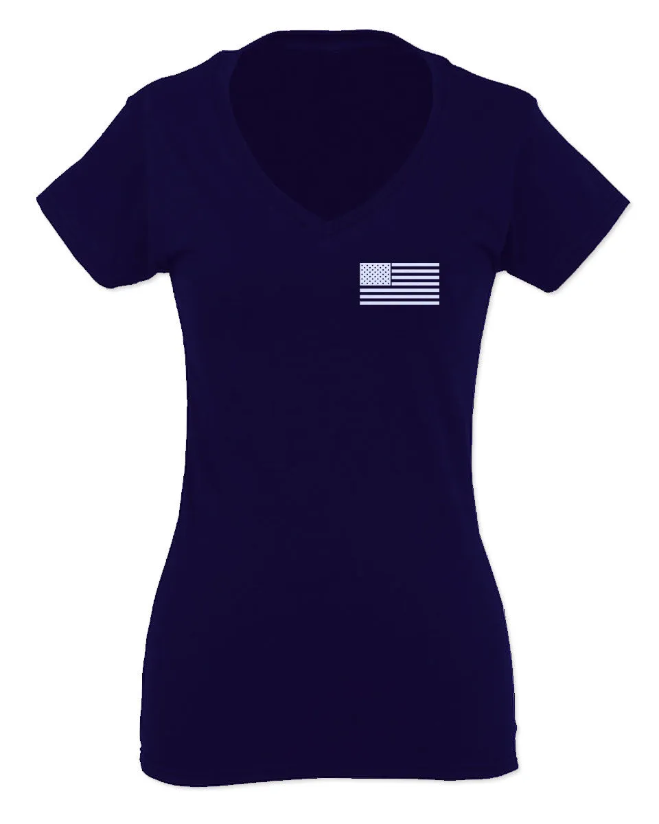 White Vintage American Flag United States America Marine USA For Women V neck fitted T Shirt