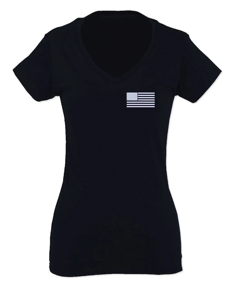 White Vintage American Flag United States America Marine USA For Women V neck fitted T Shirt