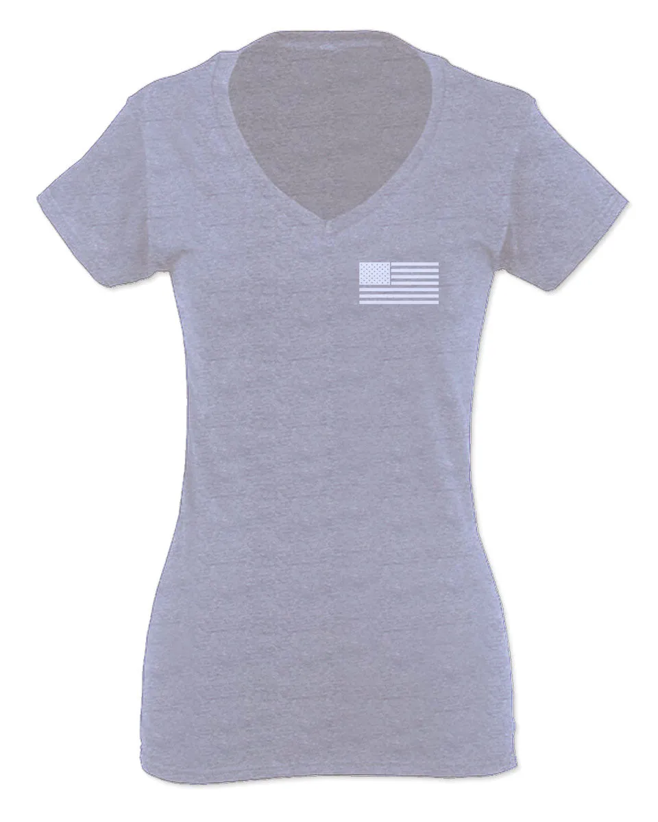 White Vintage American Flag United States America Marine USA For Women V neck fitted T Shirt