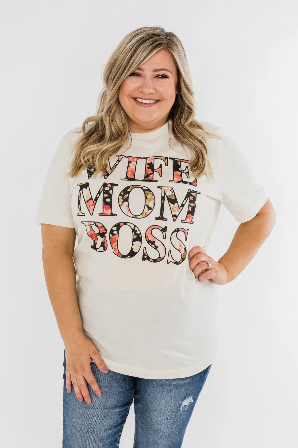 Wife, Mom, Boss Graphic Tee- Cream