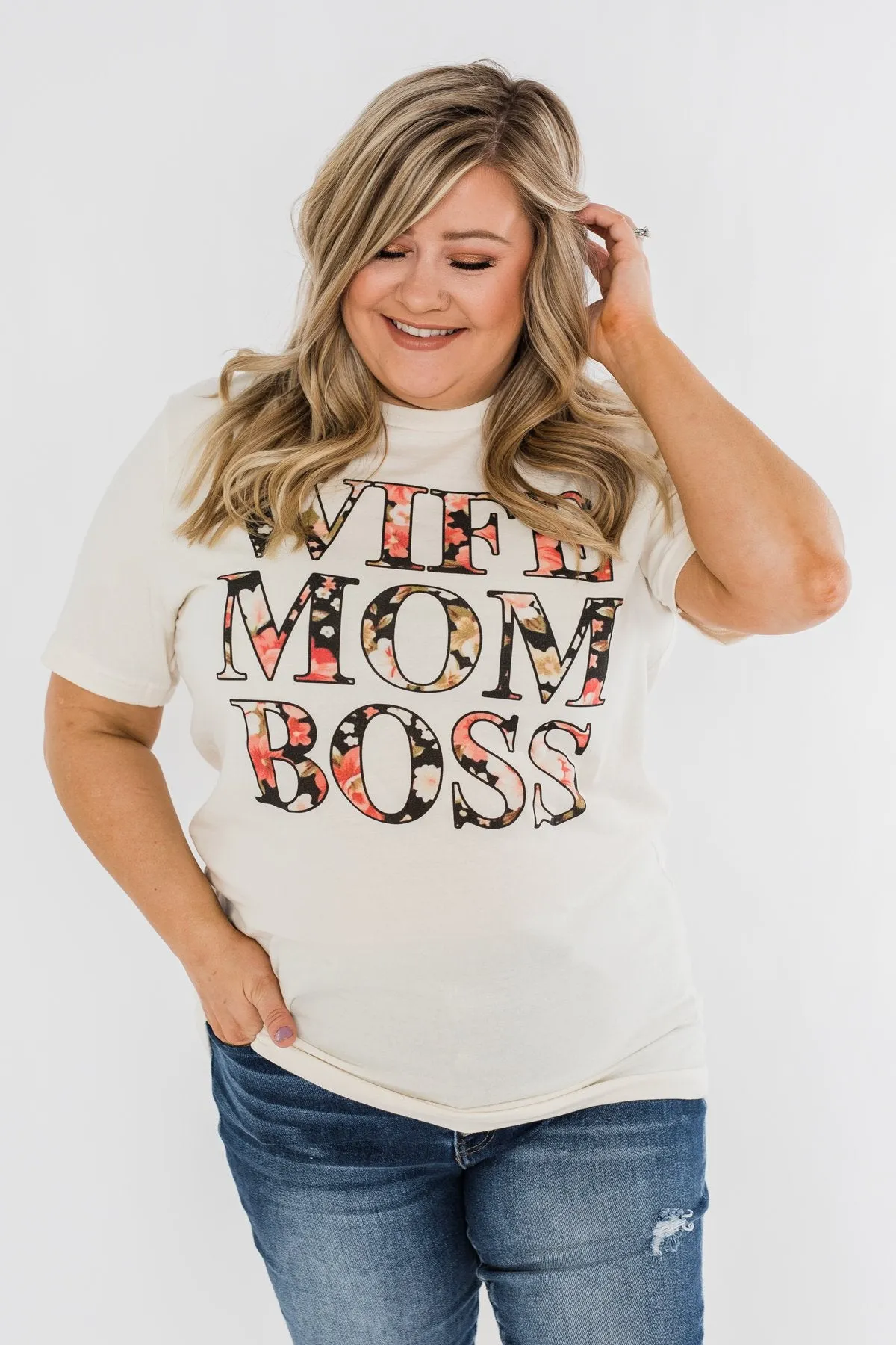 Wife, Mom, Boss Graphic Tee- Cream