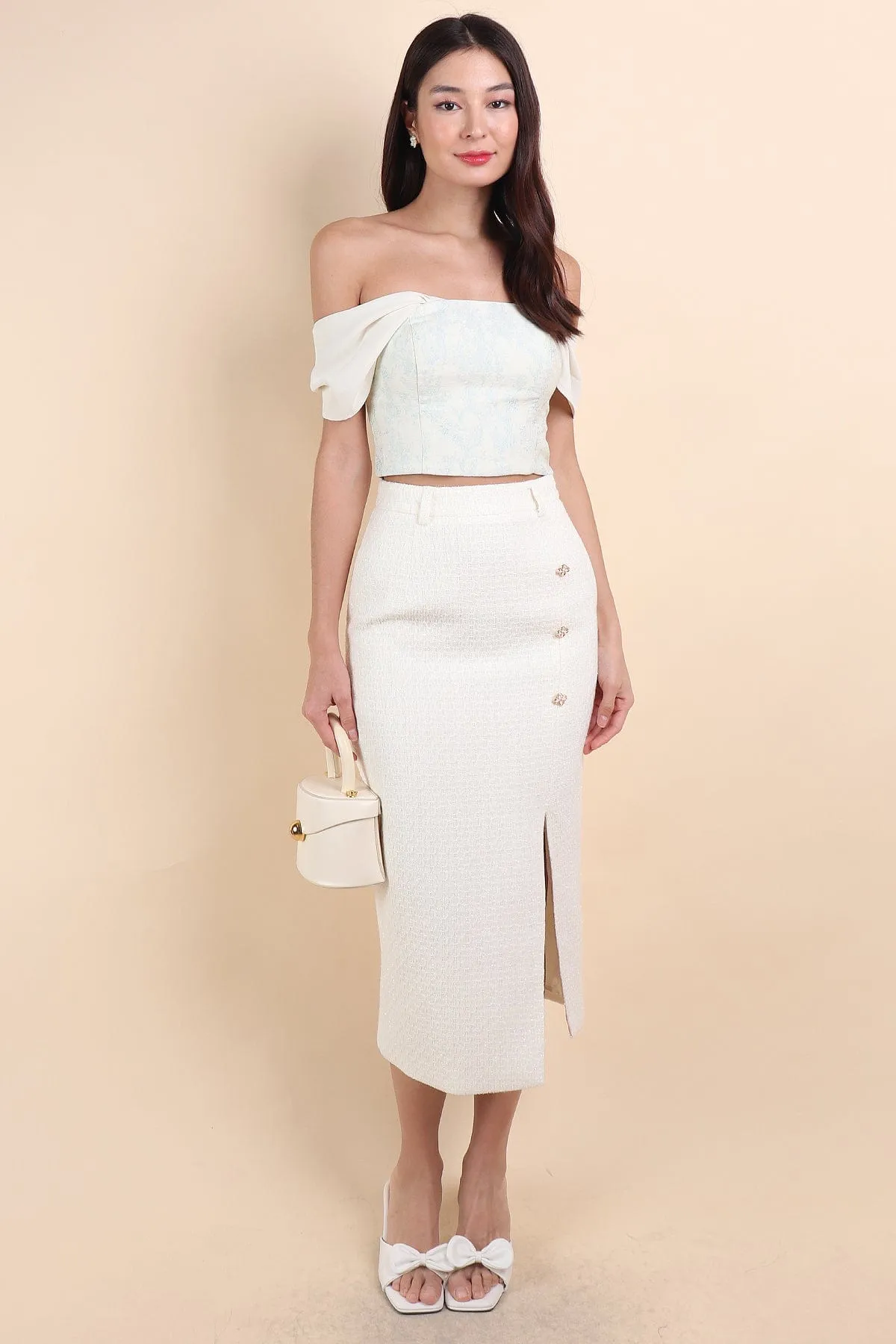 WINSTON TWEED SLIT MIDI SKIRT IN CREAM WHITE