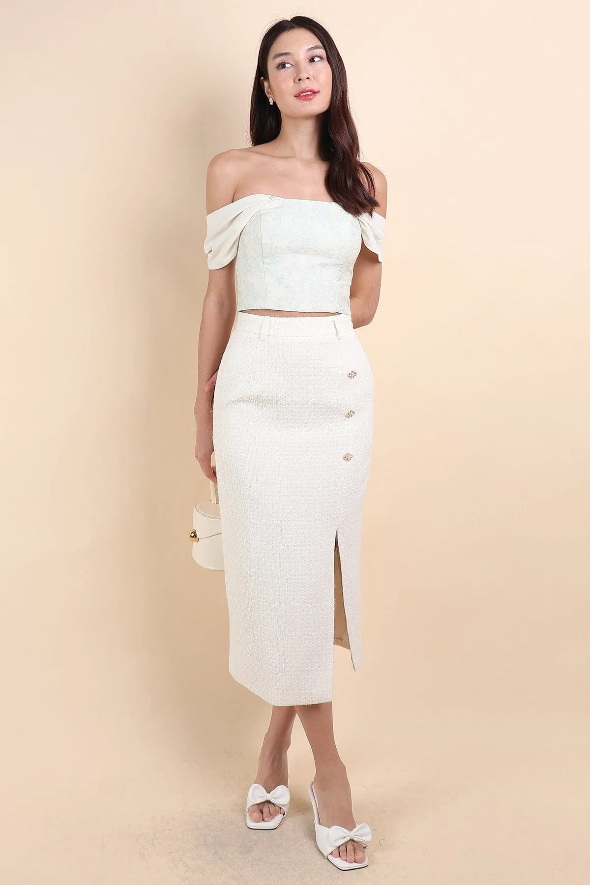 WINSTON TWEED SLIT MIDI SKIRT IN CREAM WHITE