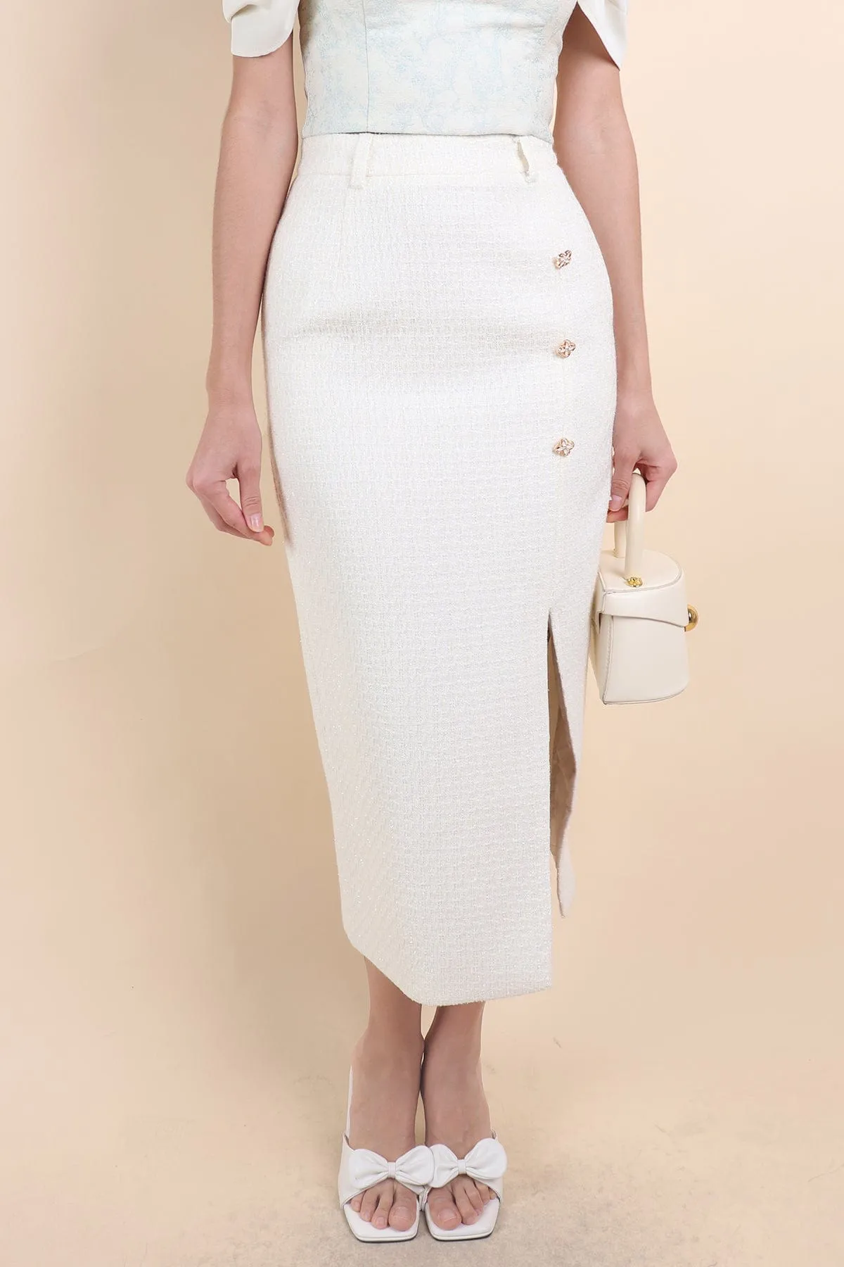 WINSTON TWEED SLIT MIDI SKIRT IN CREAM WHITE