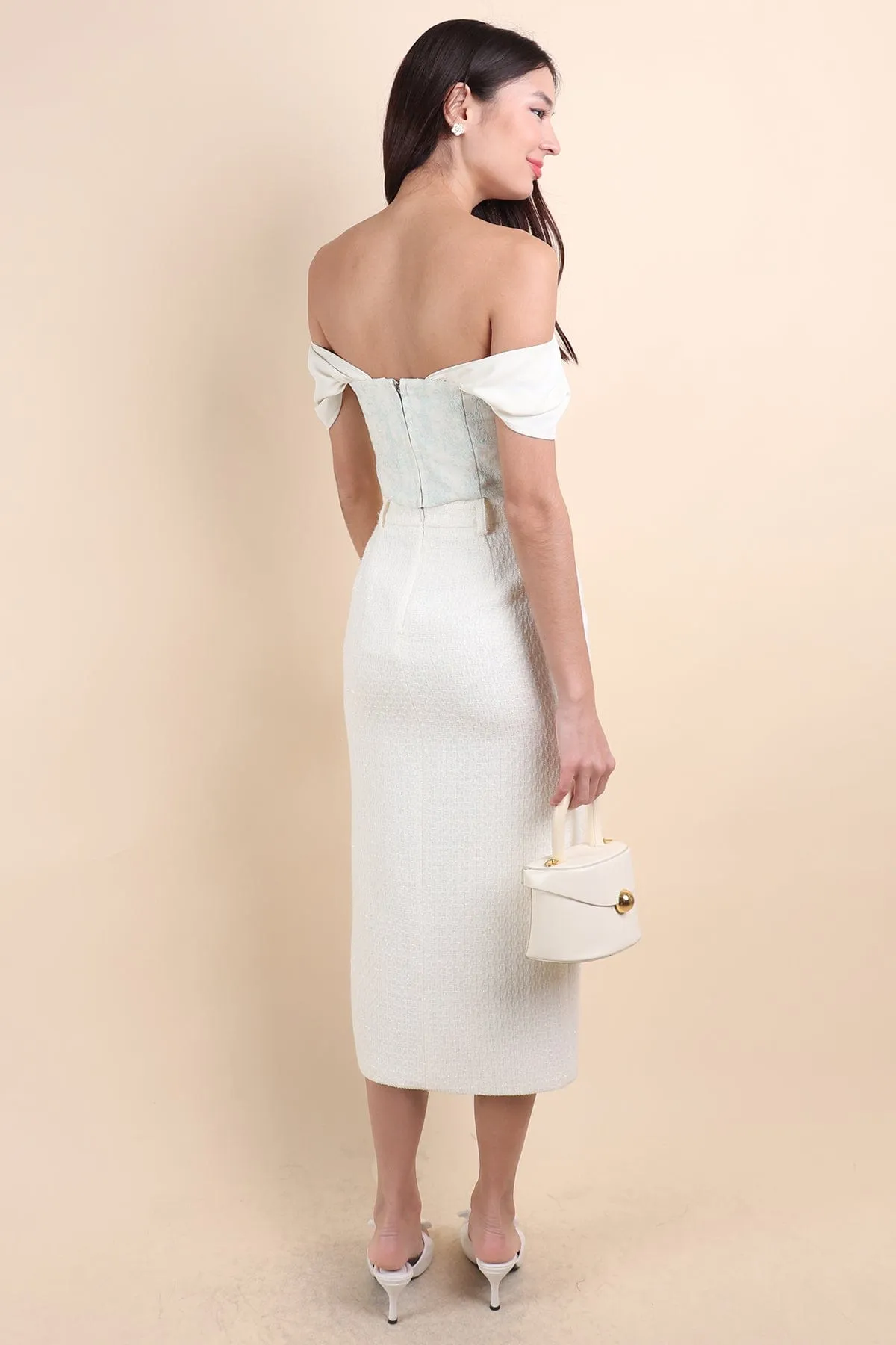 WINSTON TWEED SLIT MIDI SKIRT IN CREAM WHITE