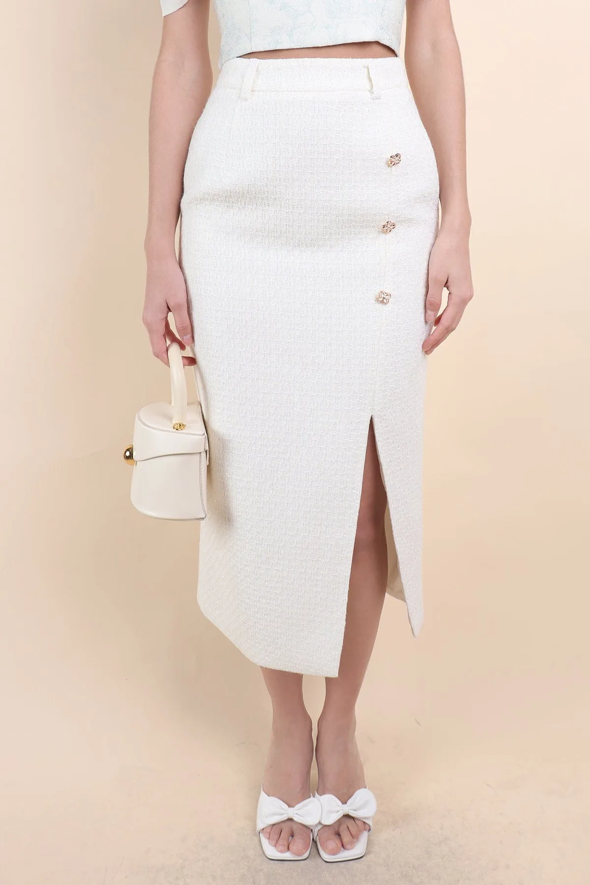 WINSTON TWEED SLIT MIDI SKIRT IN CREAM WHITE
