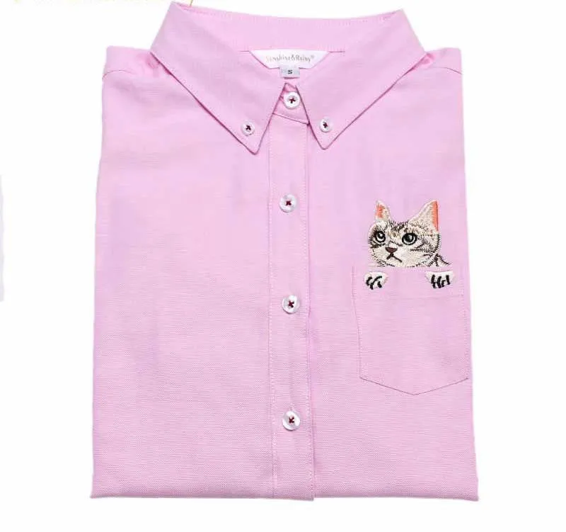 Women Blouse Cats Embroidery Long Sleeve Work Shirts Women office Tops White shirts for business