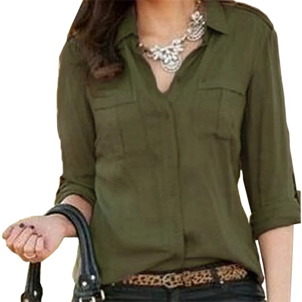 Women Button Turn-down Collar Blouse Ladies Casual Long Sleeve Pocket Solid Chiffon Shirts Tops Vintage Loose Blusas Femininas