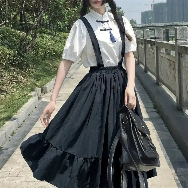 Women Skirt Preppy Style Strap Long Skirt Ruffles Loose Cute Student Casual Skirt Female Skirts