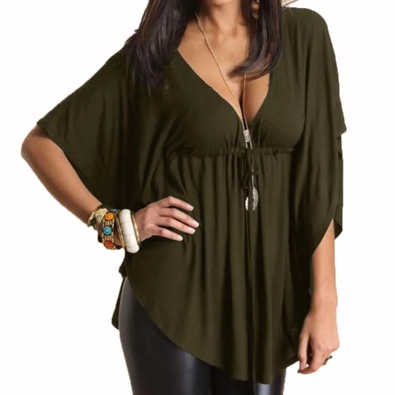 Women Trend Casual Loose V Neck Batwing Sleeve Tops Tee Ladies Black Blouses Shirts Plus Size