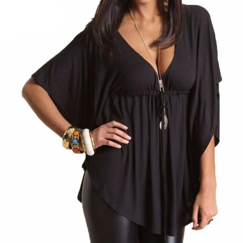 Women Trend Casual Loose V Neck Batwing Sleeve Tops Tee Ladies Black Blouses Shirts Plus Size