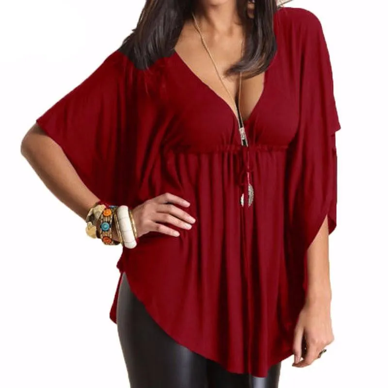 Women Trend Casual Loose V Neck Batwing Sleeve Tops Tee Ladies Black Blouses Shirts Plus Size