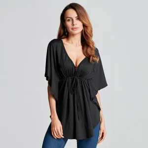 Women Trend Casual Loose V Neck Batwing Sleeve Tops Tee Ladies Black Blouses Shirts Plus Size