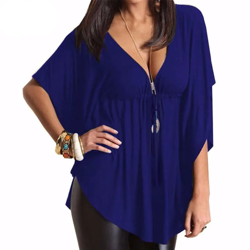 Women Trend Casual Loose V Neck Batwing Sleeve Tops Tee Ladies Black Blouses Shirts Plus Size