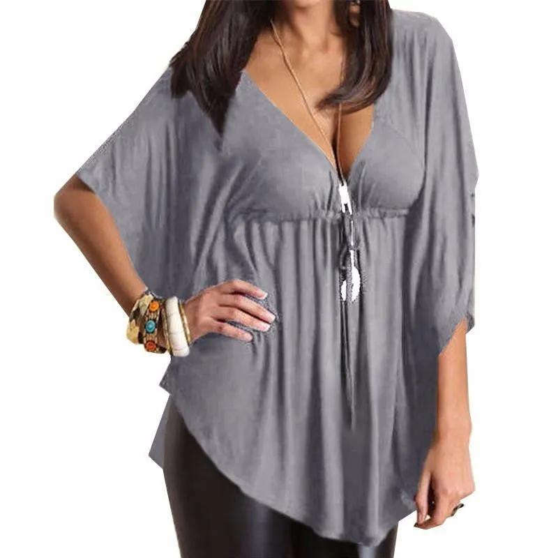 Women Trend Casual Loose V Neck Batwing Sleeve Tops Tee Ladies Black Blouses Shirts Plus Size