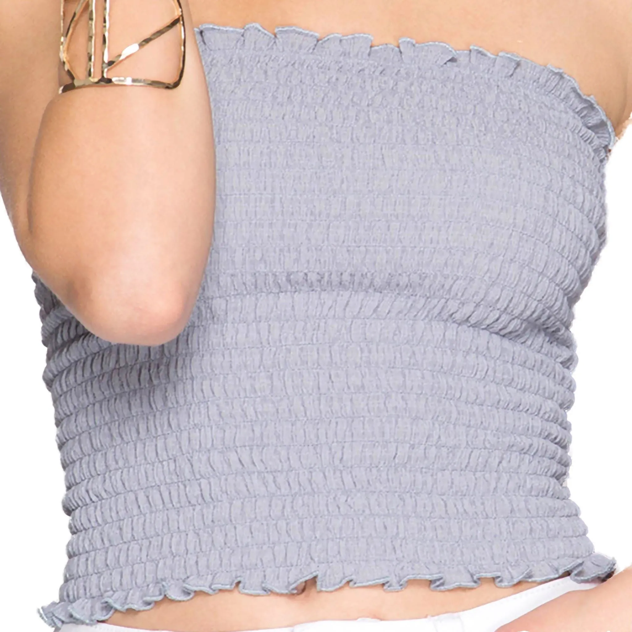 Women's Gray Strapless Smocked Bandeau Tube Top