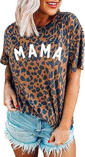 Womens Madre Leopard Print T-Shirts Short Sleeve Mama Shirts Cheetah Mom Graphic Tees Tops  Mama