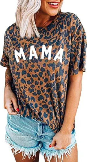 Womens Madre Leopard Print T-Shirts Short Sleeve Mama Shirts Cheetah Mom Graphic Tees Tops  Mama