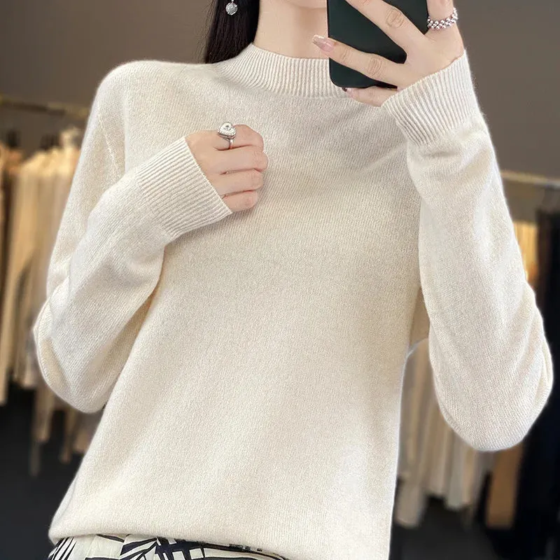 Wool Sweater Women's Loose Half Turtleneck Pullover Simple Top