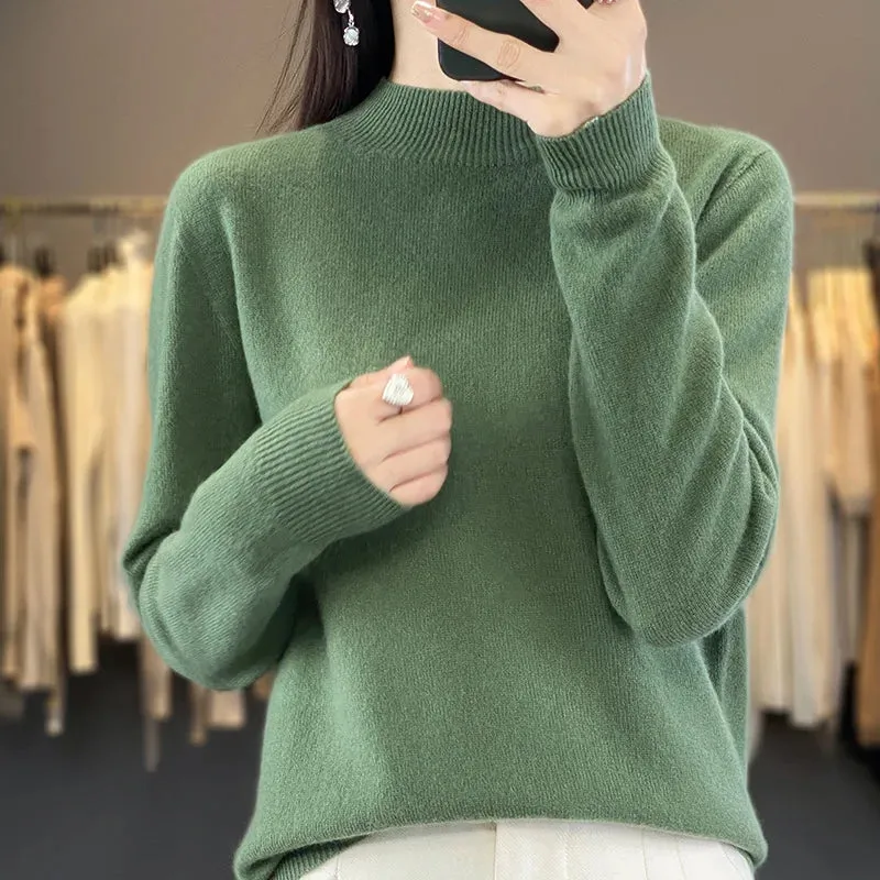 Wool Sweater Women's Loose Half Turtleneck Pullover Simple Top