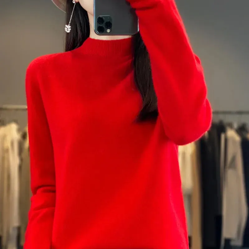 Wool Sweater Women's Loose Half Turtleneck Pullover Simple Top