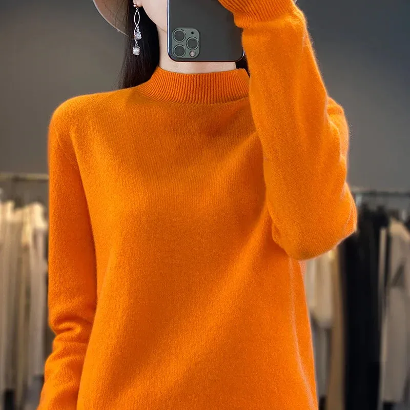 Wool Sweater Women's Loose Half Turtleneck Pullover Simple Top