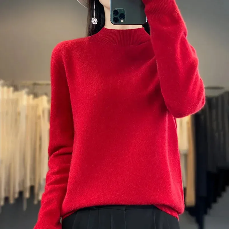 Wool Sweater Women's Loose Half Turtleneck Pullover Simple Top